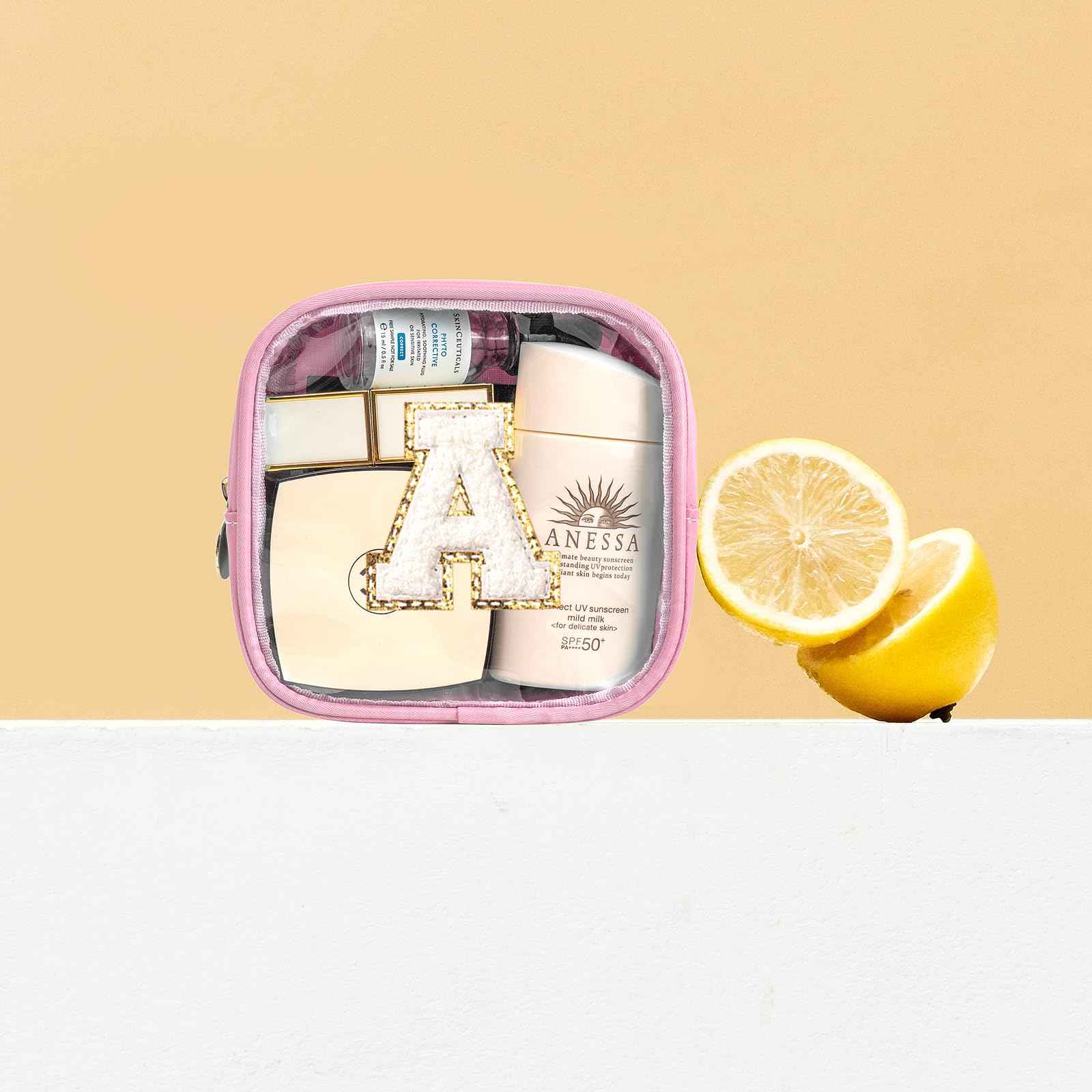 Initial Mini Makeup Bag | Make Up Bag Travel Toiletry Bag | Clear Makeup Bag | Preppy Cosmetic Bags Organizer Travel Essentials Gifts for Women Girlfriend Teacher Brithday Gifts Pink (Pink, A)