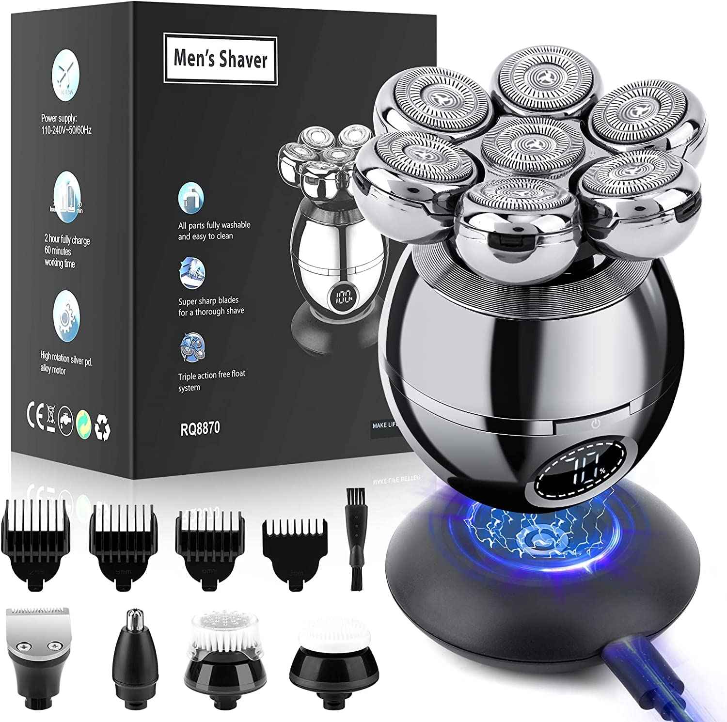 Head Shavers for Bald Men, Wjiang 6 in 1 Electric Razor Mens Shaver Wet Dry Cordless Electric Skull Shavers 7D Floating Rechargeable Bald Head Shaver Back for Men Father's Day Gifts