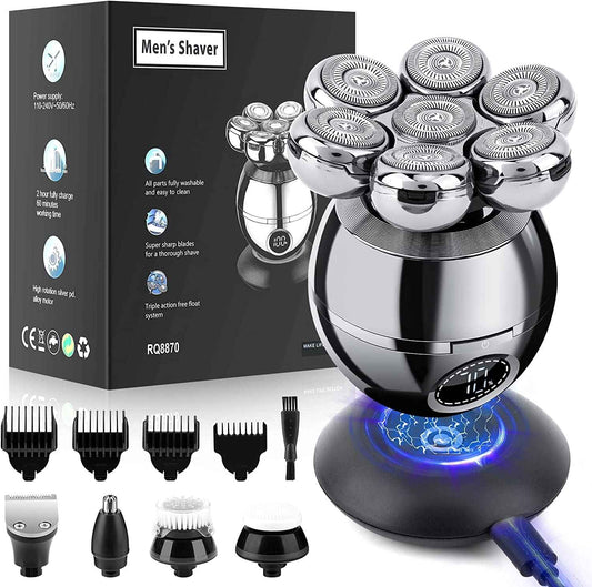 Head Shavers for Bald Men, Wjiang 6 in 1 Electric Razor Mens Shaver Wet Dry Cordless Electric Skull Shavers 7D Floating Rechargeable Bald Head Shaver Back for Men Father's Day Gifts