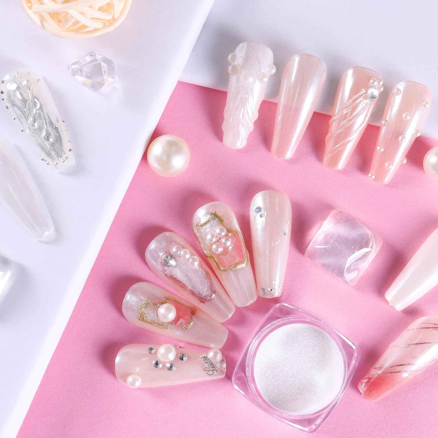 Allstarry White Pearl Chrome Nail Powder, Iridescent Aurora Powder Metallic Mirror Effect Glitter Powder Pearlescent Ice Transparent Mermaid Pigment Pearl Glitter Dust Kit for Nail Art Decoration