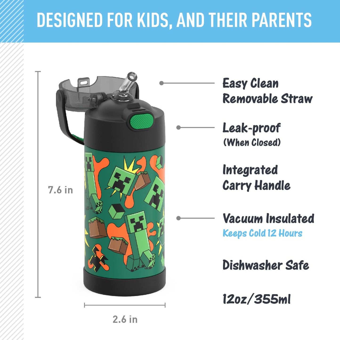 THERMOS FUNTAINER Water Bottle with Straw - 12 Ounce, Minecraft - Kids Stainless Steel Vacuum Insulated Water Bottle with Lid