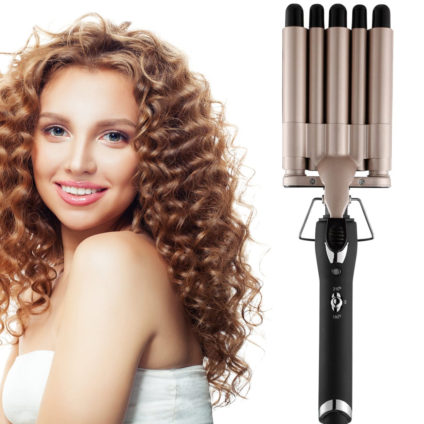 Hair Crimper Iron 5 Barrel Curling Iron Wand, 0.6 Inch Hair Waver Curler Ceramic Tourmaline Hair Styling Tool with Dual Voltage (0.6 Inch)