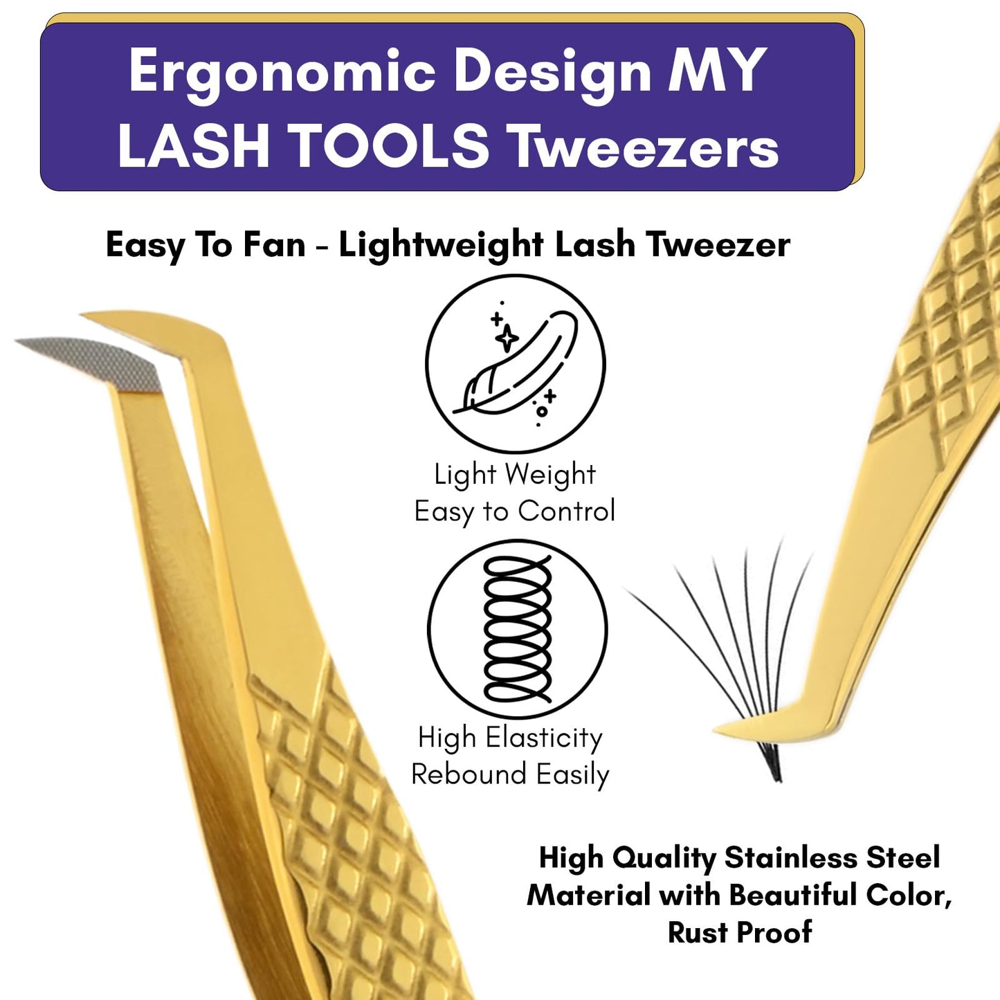 My Lash Tools Lash Tweezers For Eyelash Extensions Precision Fiber Tip Tweezers For Lash Extensions Mega Volume Lash Tweezer | Professional Stainless Steel Boot Lashing Tweezers (Diamond Grip Gold)