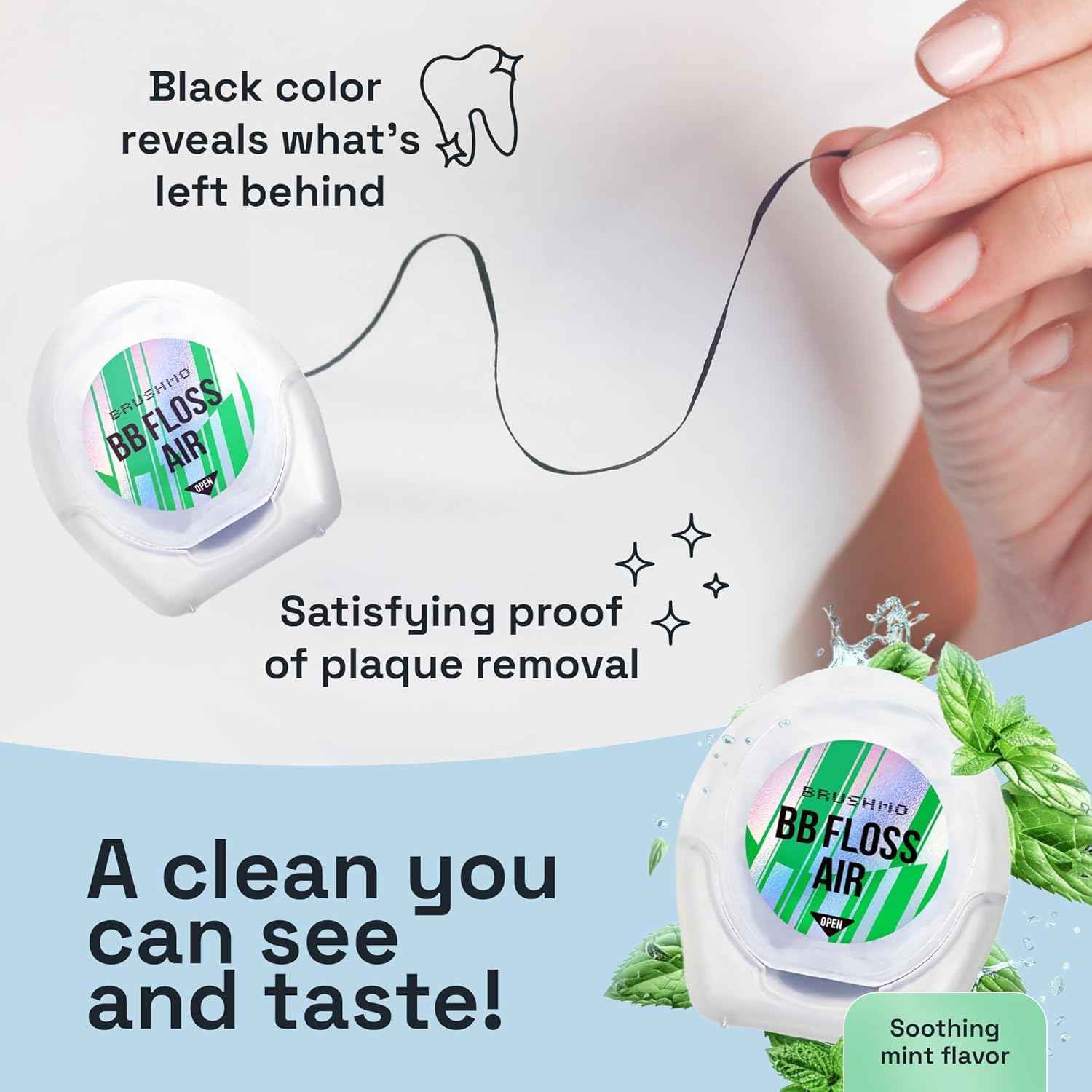 Brushmo Black Floss Air (BB Floss Air) - Ultra Soft & Thin Expanding Gum-Friendly Soothing Mint Dental Floss, Natural Wax Helps Remove Plaque from Teeth, Dentist Designed PTFE & PFAS Free, 275 yd