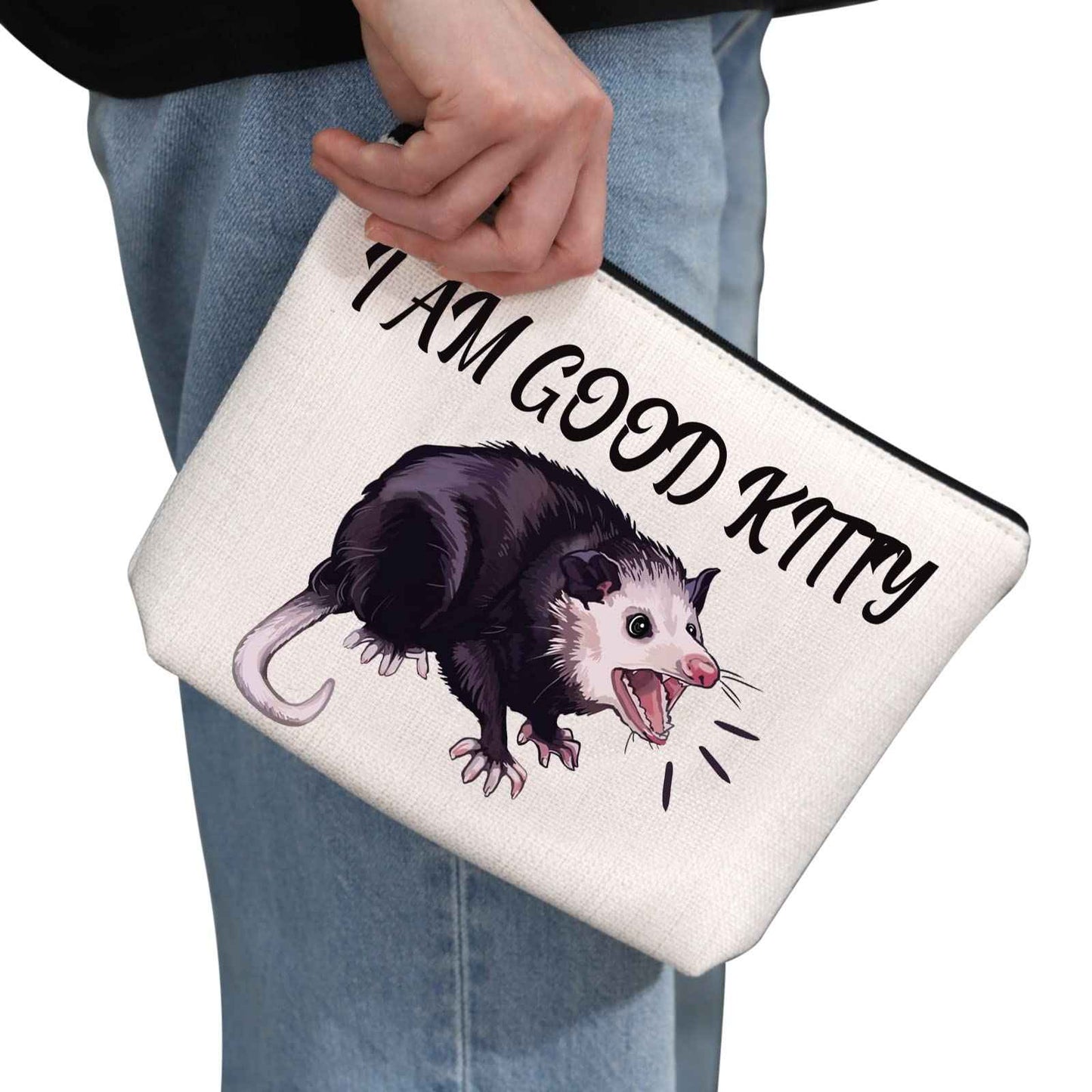 G2TUP Opossum Lover Gift I Am Good Kitty Opossum Makeup Bag Opossum Mom Cosmetic Bag Opossum Whisperer Gift Wildlife Rescue Zipper Travel Pouch (I Am Good Kitty White Bag)