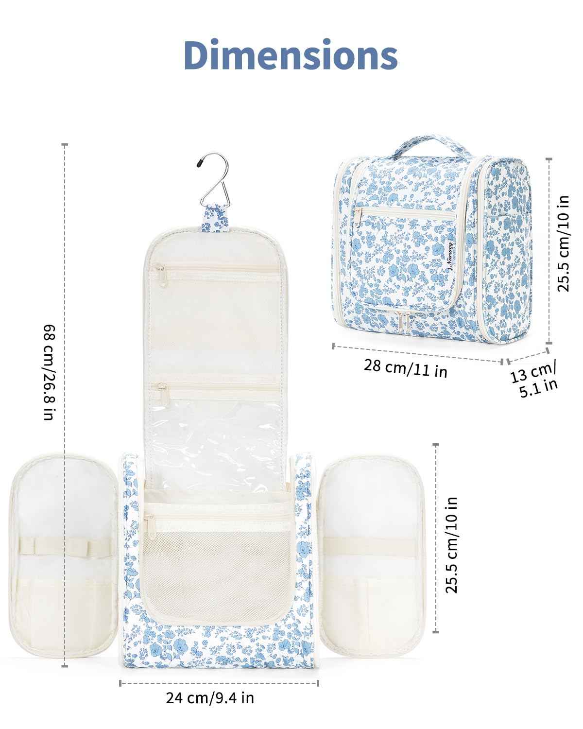 Narwey Hanging Toiletry Bag for Women Travel Makeup Bag Organizer Toiletries Bag for Cosmetics Essentials Accessories (Large, Little Blue Flower)