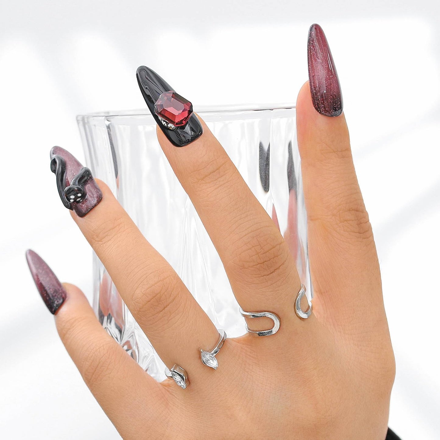 Sethexy Punk Handmade Press On Nails Long Stiletto Acrylic False Nails with Design Glossy Rhinestone Salon Fake Nail for Women and Girls 10PCS (Dark Red)