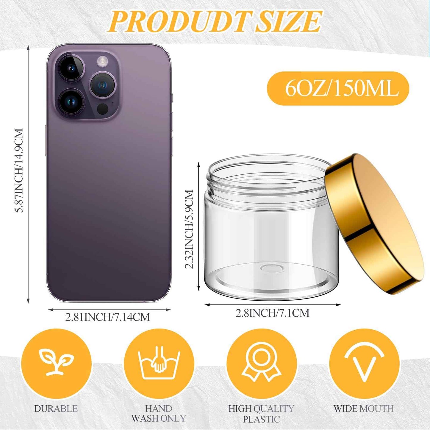 Patelai 48 Pack 6 oz Clear Plastic Jars with Gold Lids Empty Containers Round Clear Plastic Jars Wide-mouth Refillable Storage Organizers for Cosmetics Lotions Butters Slime Making and Food Storage