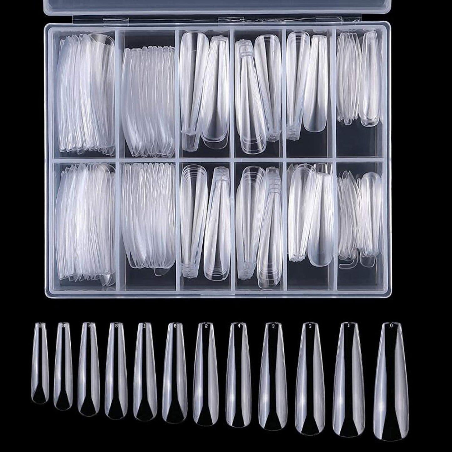 AddFavor 240pcs Coffin Acrylic Nail Tips XXL Ballerina Extra Long Artificial Fake Nails Clear Full Cover False Nails 12 Sizes for Women and Girls Nail Design