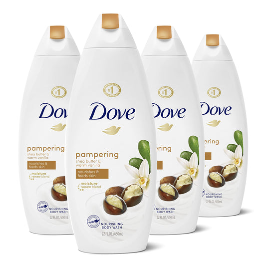 Dove Purely Pampering Body Wash for Dry Skin Shea Butter with Warm Vanilla Effectively Washes Away Bacteria While Nourishing Your Skin, 22 Fl Oz (Pack of 4)