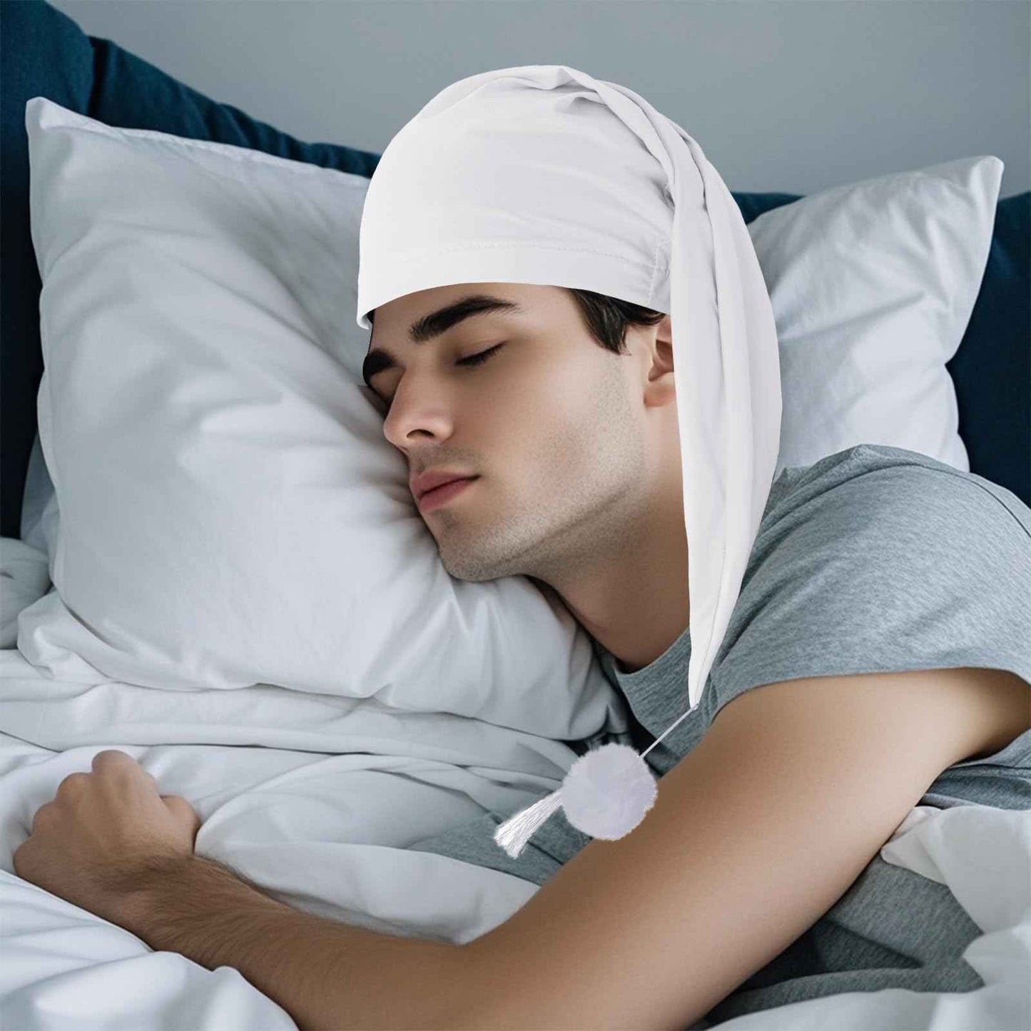 cnomg 2pcs Men's Night Sleeping Cap Adjustable Pajama Cap with Pom Ball and Tassel Women Daily Use (US, Alpha, Medium, White,white)