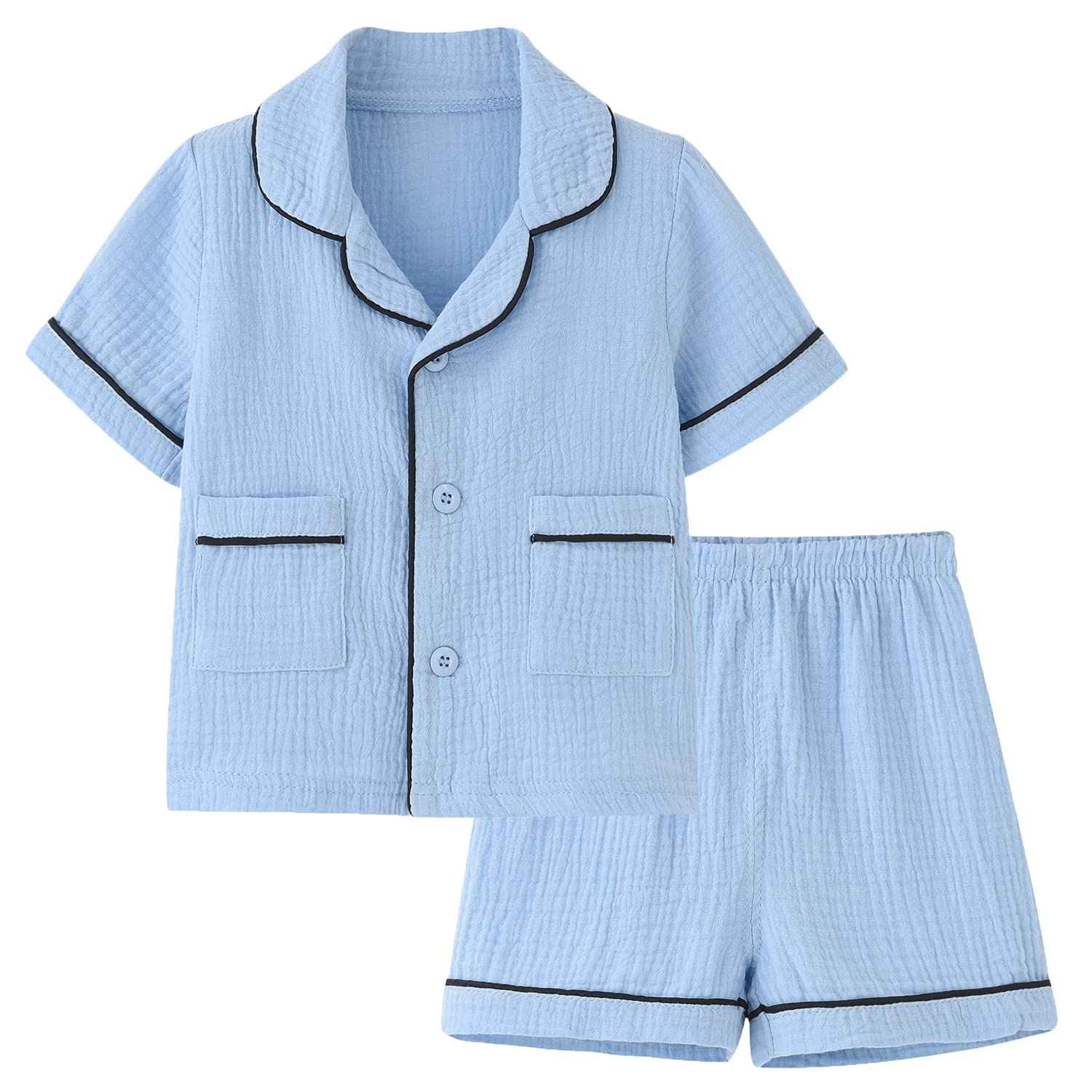BINIDUCKLING Kids Pajamas Girls Button Up Short Pjs 6-7 Years Blue