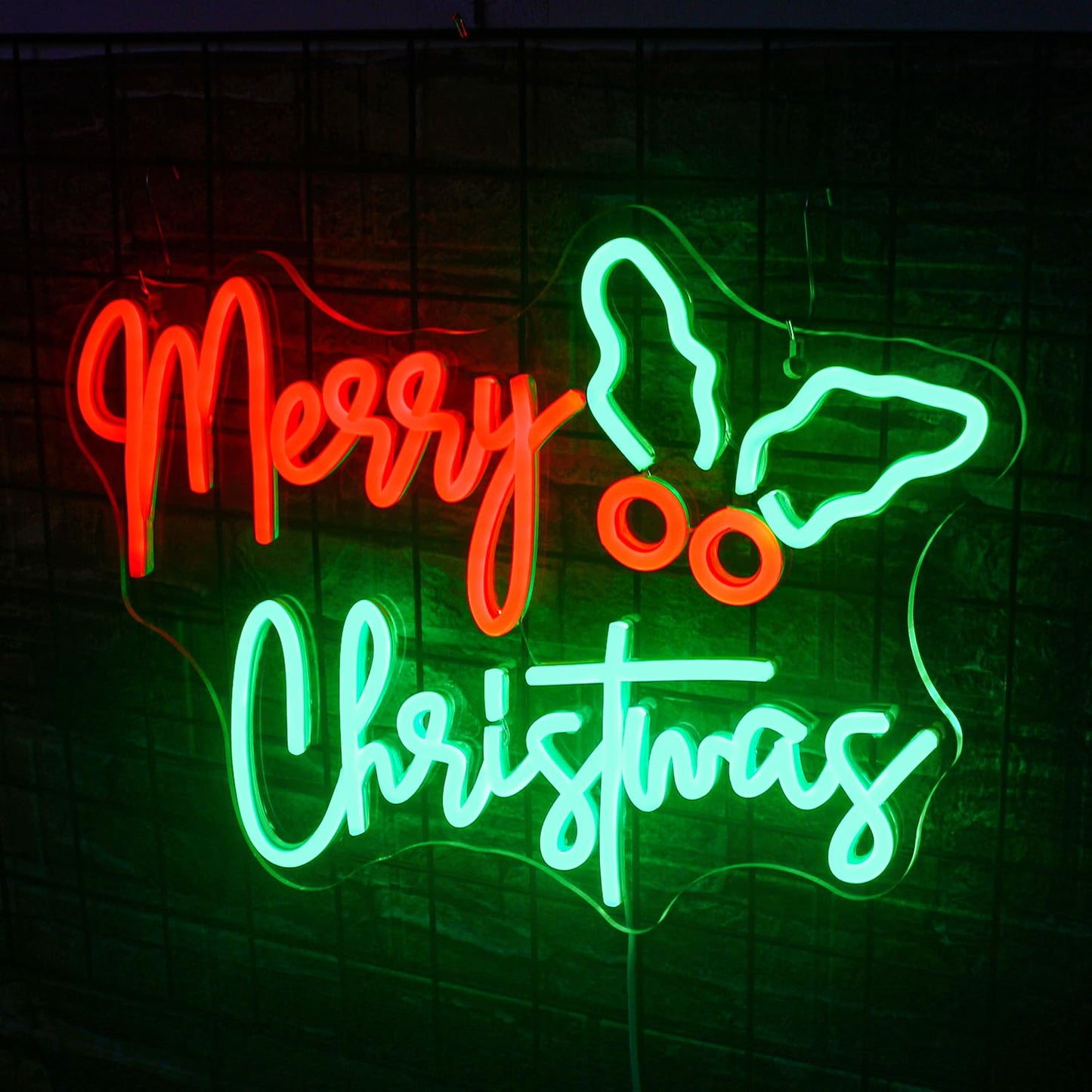 JURONGYILU Holly Berry Merry Christmas Neon Sign Red Green Xmas Led Lights for Wall Decor Usb Light Up Signs for Bedroom Home Bar Christmas Party Decorations Teens Family Gifts