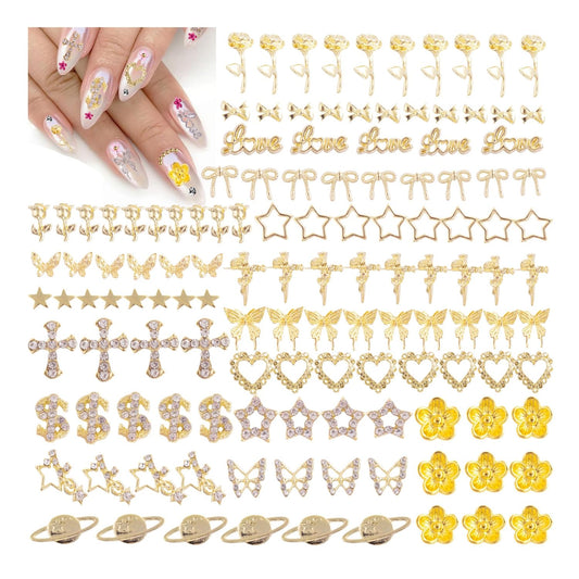 Gold Nail Charms Bulk 150pcs 3D Nail Art Charms Kit, Nail Charms Butterfly Bow Cross Star Heart Flower Nail Charms and Gems Y2K,Metal Nail Rhinestone and Charms (Gold Nail Charms mix)