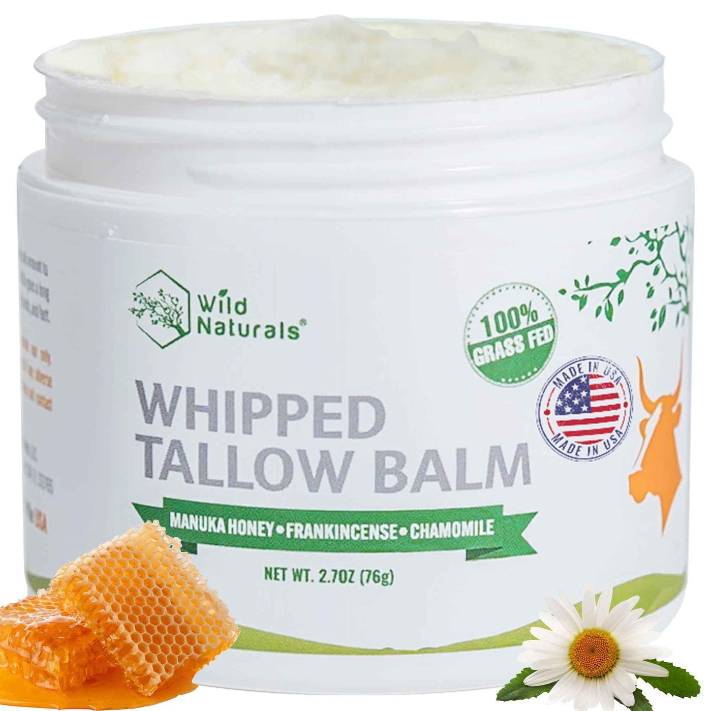 Wild Naturals Whipped Tallow Honey Balm, Grass-Fed Beef Tallow Balm for Skin with Manuka Honey & Shea Butter, Thick & Unscented for Dry, Sensitive, & Reactive Skin