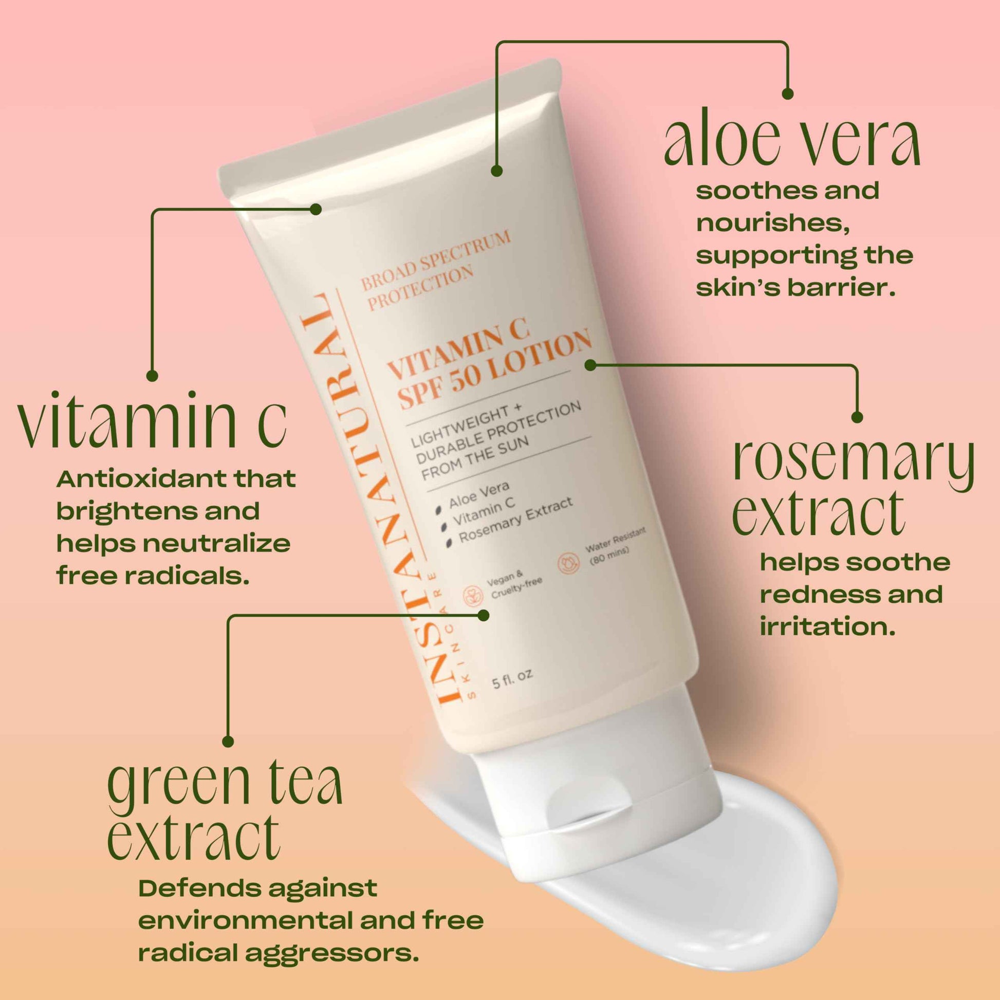 InstaNatural Skin Care Vitamin C SPF 50 Broad Spectrum Sunscreen Lotion, Lightweight, Non-Greasy Moisturizer for Body & Face, UVA, UVB Sunblock, with Aloe Vera & Botanicals, 5 Fl Ounce (Pack of 1)