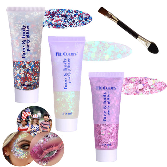 Body Glitter Face Glitter Gel: Singer Concerts Disco Festival Rave Accessories Face Glitter Makeup 150ml Chunky Sequins Mermaid Face Body Hair Glitter Gel (USA Pride&White&Pink)