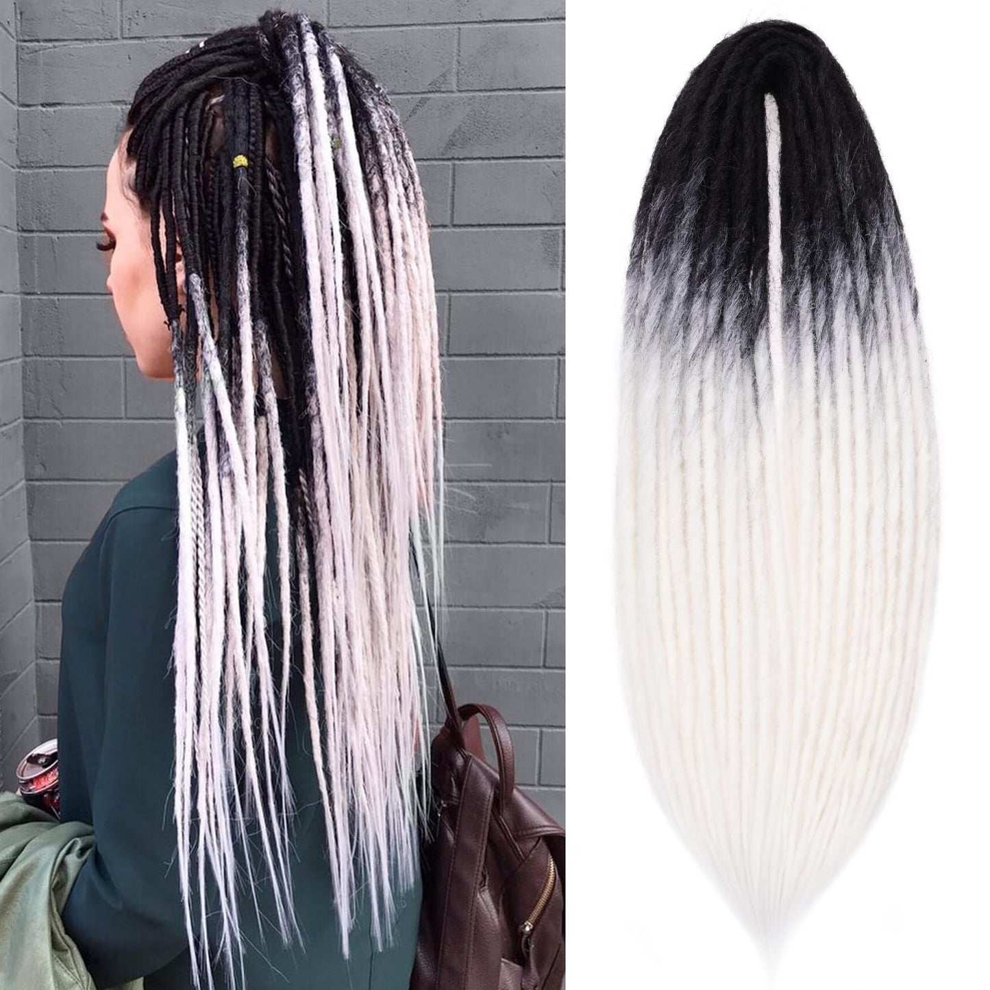 Leeven 30 Strands Double Ended Dreadlock Extensions 24 Inch Black to White Synthetic Crochet DE Dreads Extensions Full Set Handmade Soft Loc Extensions Reggae Style Hair for Women Men