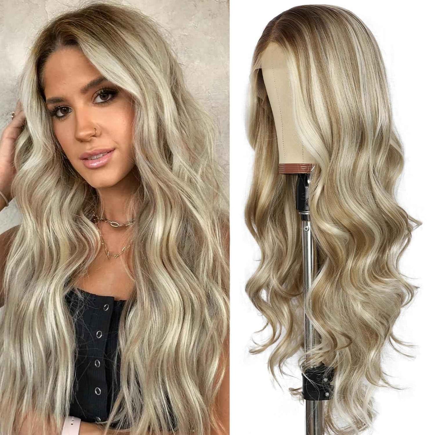 SAPPHIREWIGS Blonde Synthetic Lace Front Wig Ash Blonde Highlight 13×4 Loose Body Wave Wig Glueless Lace front Wigs for Women Pre Plucked Hairline Heat Resistant Wig for Daily Party Wigs 26inch