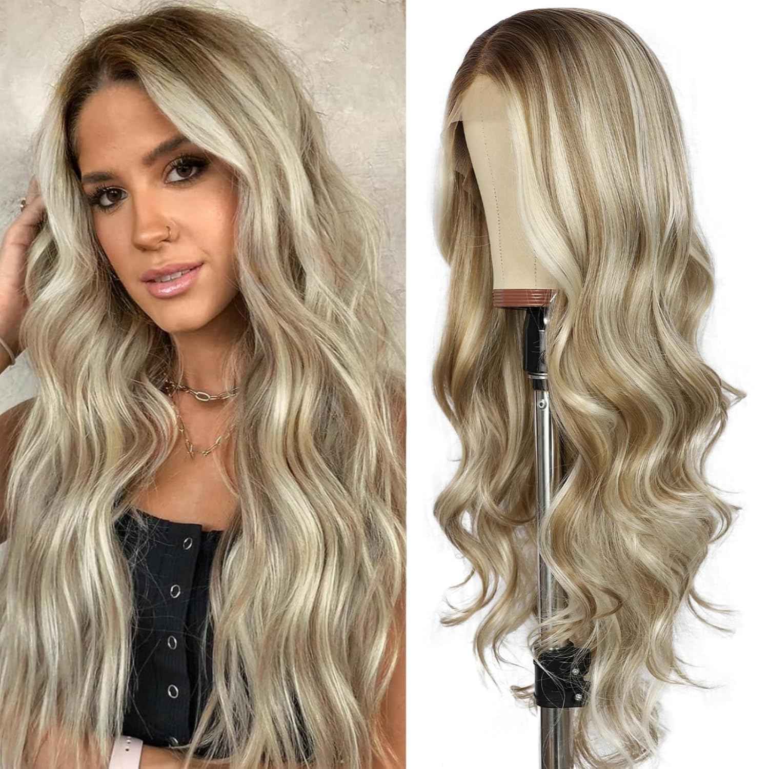 SAPPHIREWIGS Blonde Synthetic Lace Front Wig Ash Blonde Highlight 13×4 Loose Body Wave Wig Glueless Lace front Wigs for Women Pre Plucked Hairline Heat Resistant Wig for Daily Party Wigs 26inch
