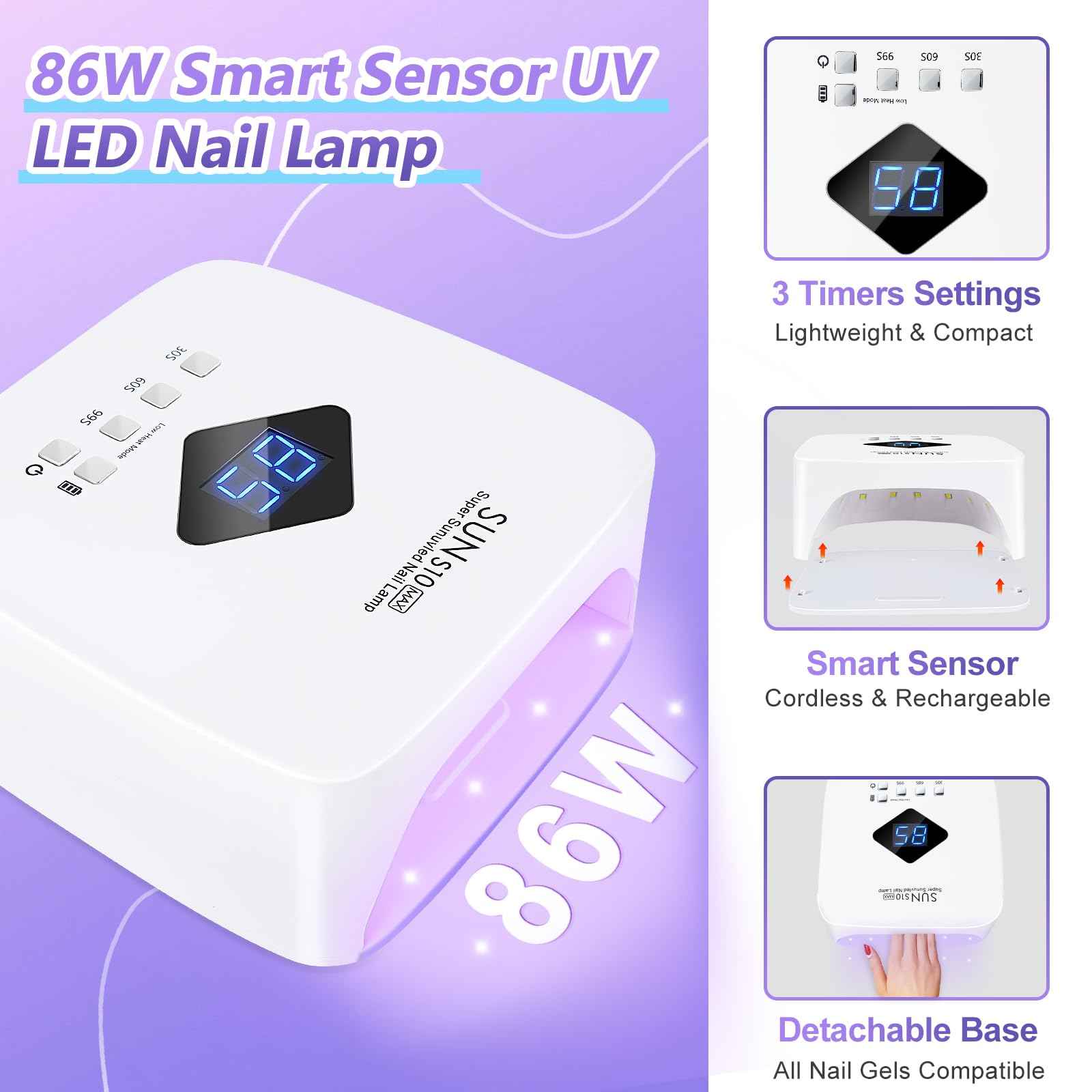 Cordless Rechargeable UV LED Nail Lamp,LKE 86W UV Light for Gel Nails UV Nail Light Nail Dryer with 3Timer Setting Display Auto Sensor Professional Quick Dry Gel Polish