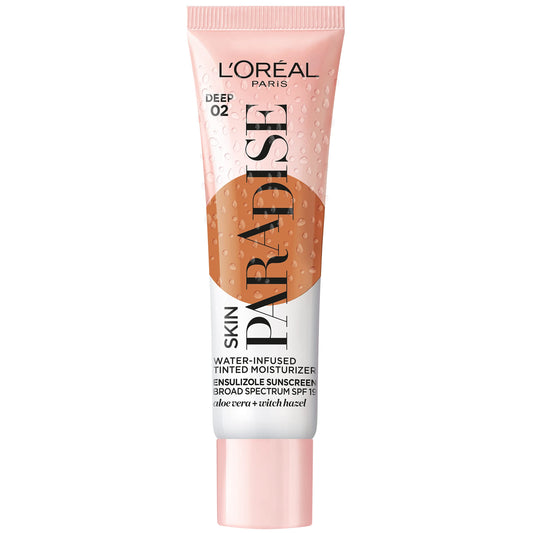 L'Oreal Paris Skin Paradise Water-infused Tinted Moisturizer with Broad Spectrum SPF 19 sunscreen lightweight, natural coverage up to 24h hydration for a fresh, glowing complexion, Deep 02, 1 fl oz