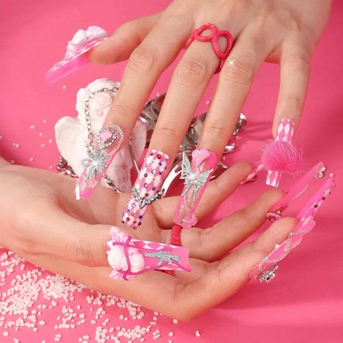 70PCS Silver Nail Charms,Y2K Nail Art Rhinestone Charms 3D Heart Bow Star with Rhinestones,Charms for Nails Design,Accessories Supplies (Silver Pink 2)