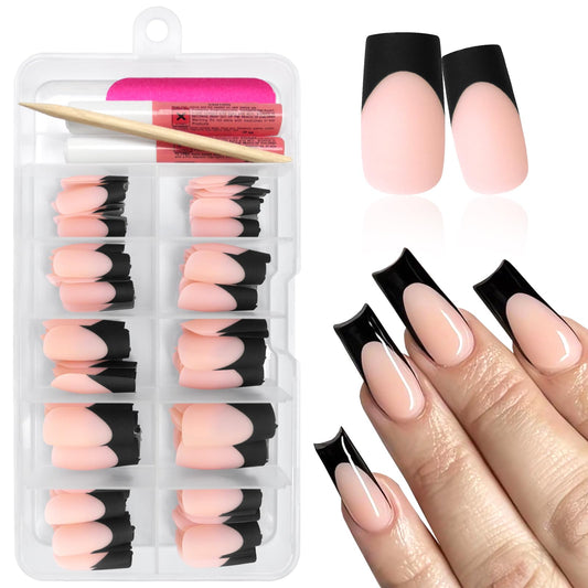 Bellelfin 120Pcs Black French Tip Press on Nails Medium Square Glue on Nails, Full Cover Matte French Tip Fake Nails Nude Acrylic Nails Press on for Women Girls Artificial Fingernails