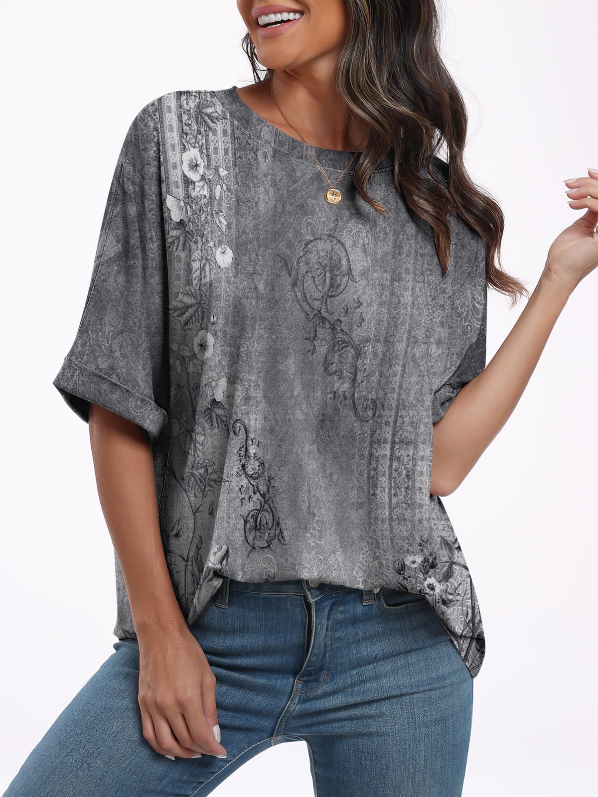 ANRABESS Women's Oversized T Shirts Floral Short Sleeve Crewneck Summer Tops Casual Loose Basic Tee Shirts 2024 Trendy Clothes Gray Flower Small