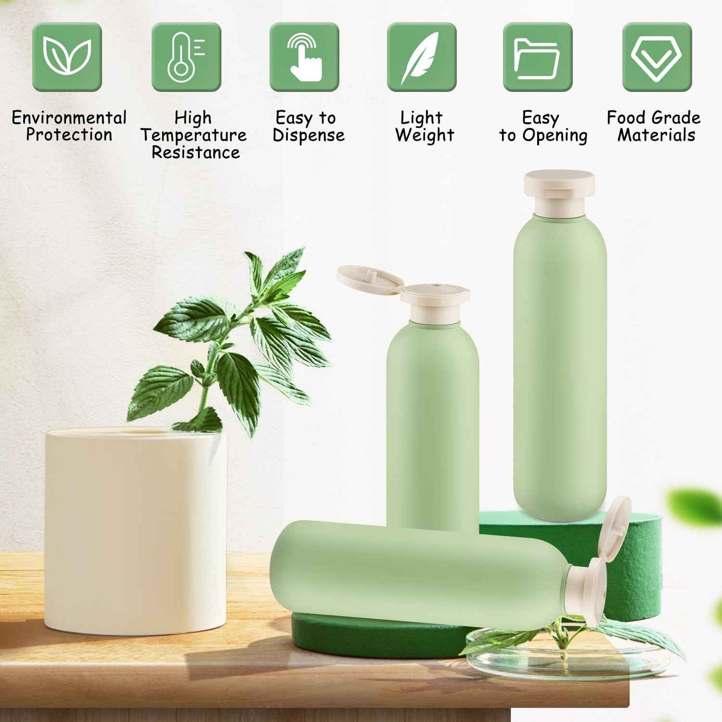 USRommaner 8.8 oz/260ml Plastic Travel Shampoo Bottle,9 Pack Green Empty Refillable Squeeze Bottles with Flip Cap,Lotion Container for Cream,Toiletries,Conditioner-Free Silicone Funnel