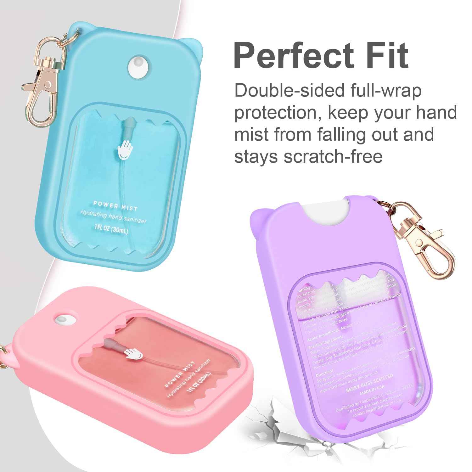 taessv 3Pcs Hand Sanitizer Spray Case for Touchland Silicone Touchland Case Keychain Cute Hand Sanitizer Spray Holder Compatible with Touchland Power Mist Gentle Mist Glow Mist (Pink & Purple & Blue)