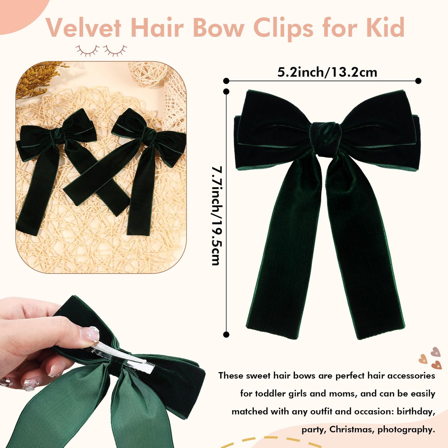 NCMAMA 2Pcs Green Velvet Hair Bows for Girls Hair Clip Hair Bow Ribbon Hair Accessories for Women Toddlers Infant Teens Kids(Green-velvet)