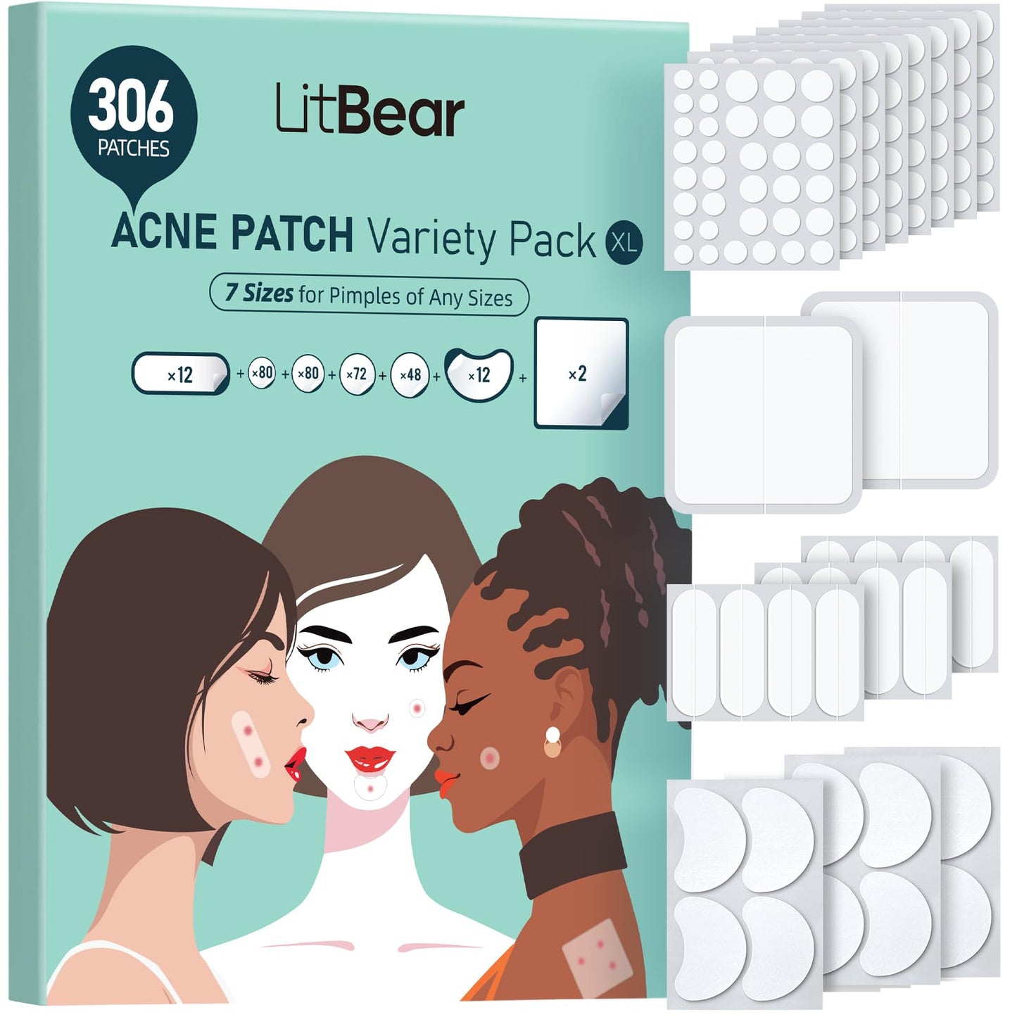 LitBear Large Pimple Patches (7 Sizes 306 Patches), Big Acne Patches, XL Hydrocolloid Bandages for Full Face, Forehead, Chin, Nose, Body, Back, Neck & Chest, Oval, Moon, Square hydrocolloid Patch