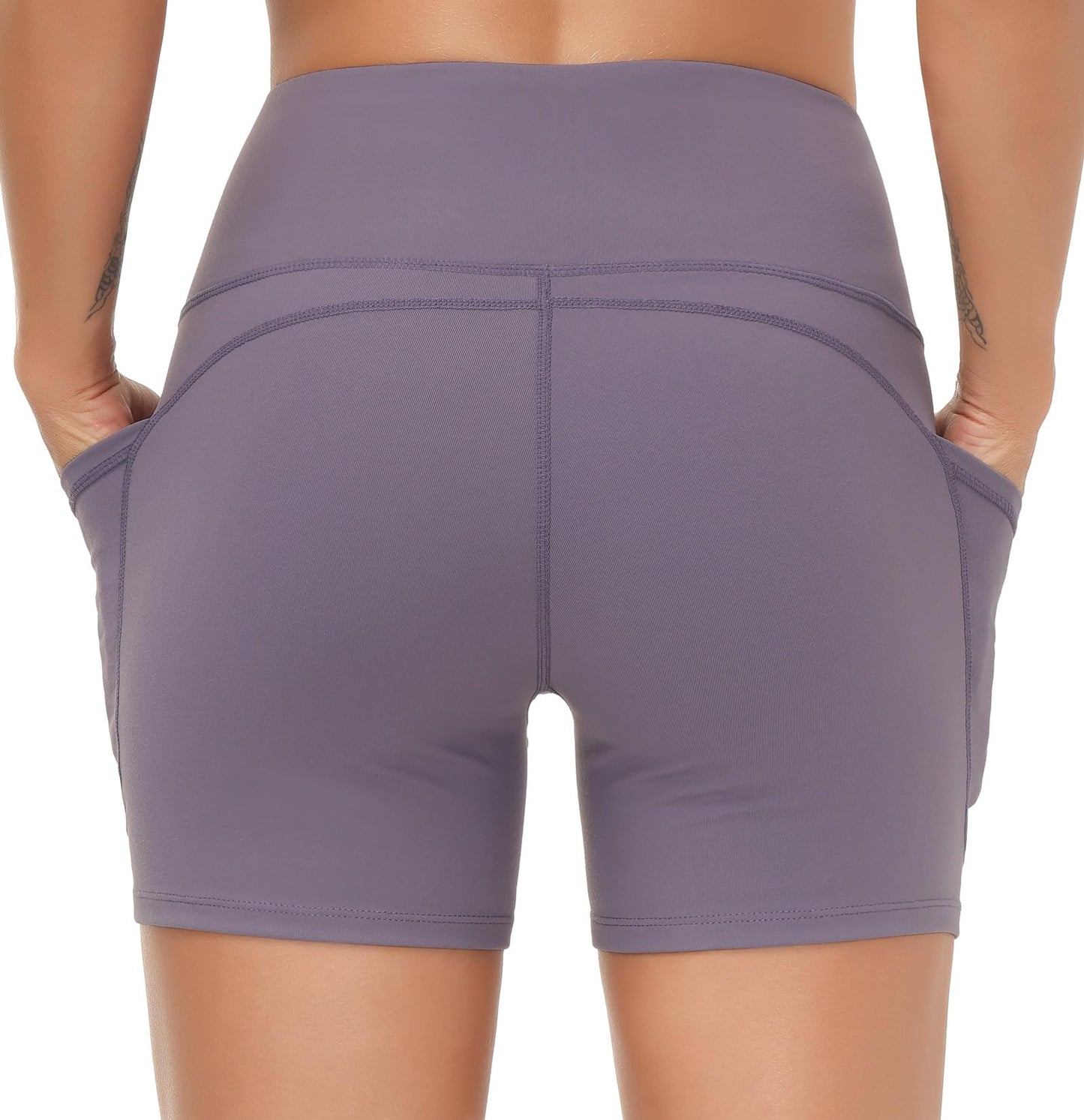 THE GYM PEOPLE High Waist Yoga Shorts for Women's Tummy Control Fitness Athletic Workout Running Shorts with Deep Pockets Grey Purple