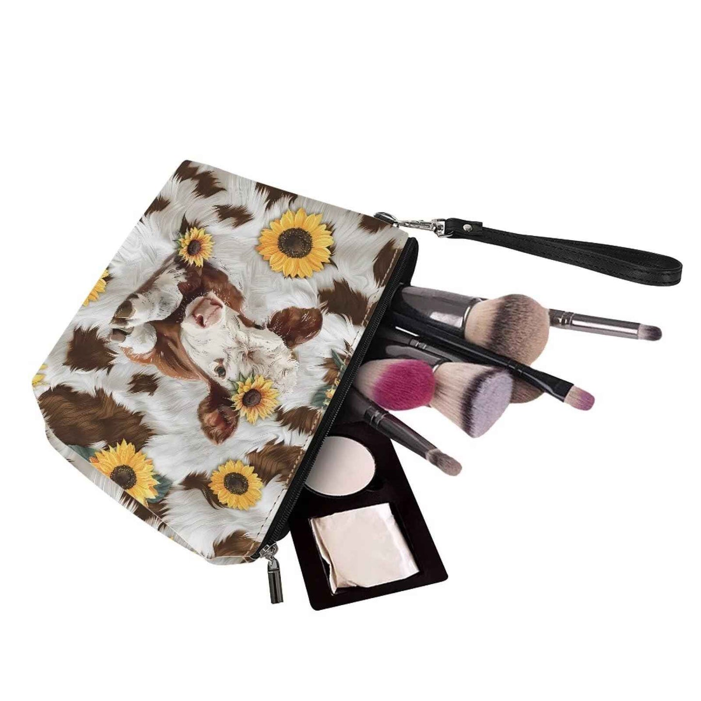 Cozeyat Sunflower Cow Cosmetic Bag for Women Makeup Bag Organizer Small Mini Makeup Pouch for Purse Water Resistant Girls Gift
