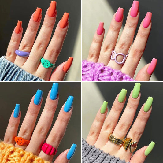 4 Pack 96Pcs Mixed Color Press On Nails Medium Square Shape Plain Glossy Fake Nails Stick on Nails Glue on Nails Acrylic Nails Spring Summer False Nails for Women Orange Pink Blue Green 77_80