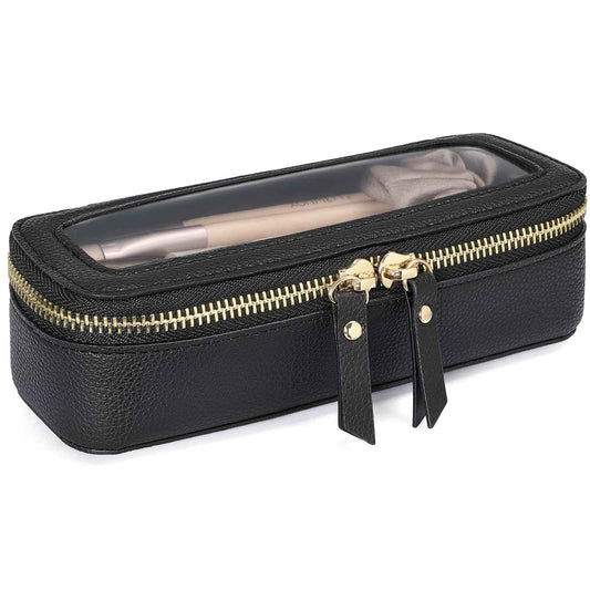 PACKISM Slim Clear Makeup Brush Bag, Pebbled Texture & Hard PU Leather Small Cosmetic Brush Holder, Mini Toiletry Bag Make up Bags with Message Card, Cute Travel Essentials Bag (Black)