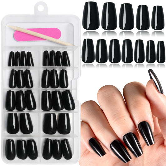 EternalClassic 120pcs Black Glossy Ballerina Press-on Nails, Short Coffin False Nails with Adhesive Tabs, Acrylic Material, 10 Sizes, for Women & Girls