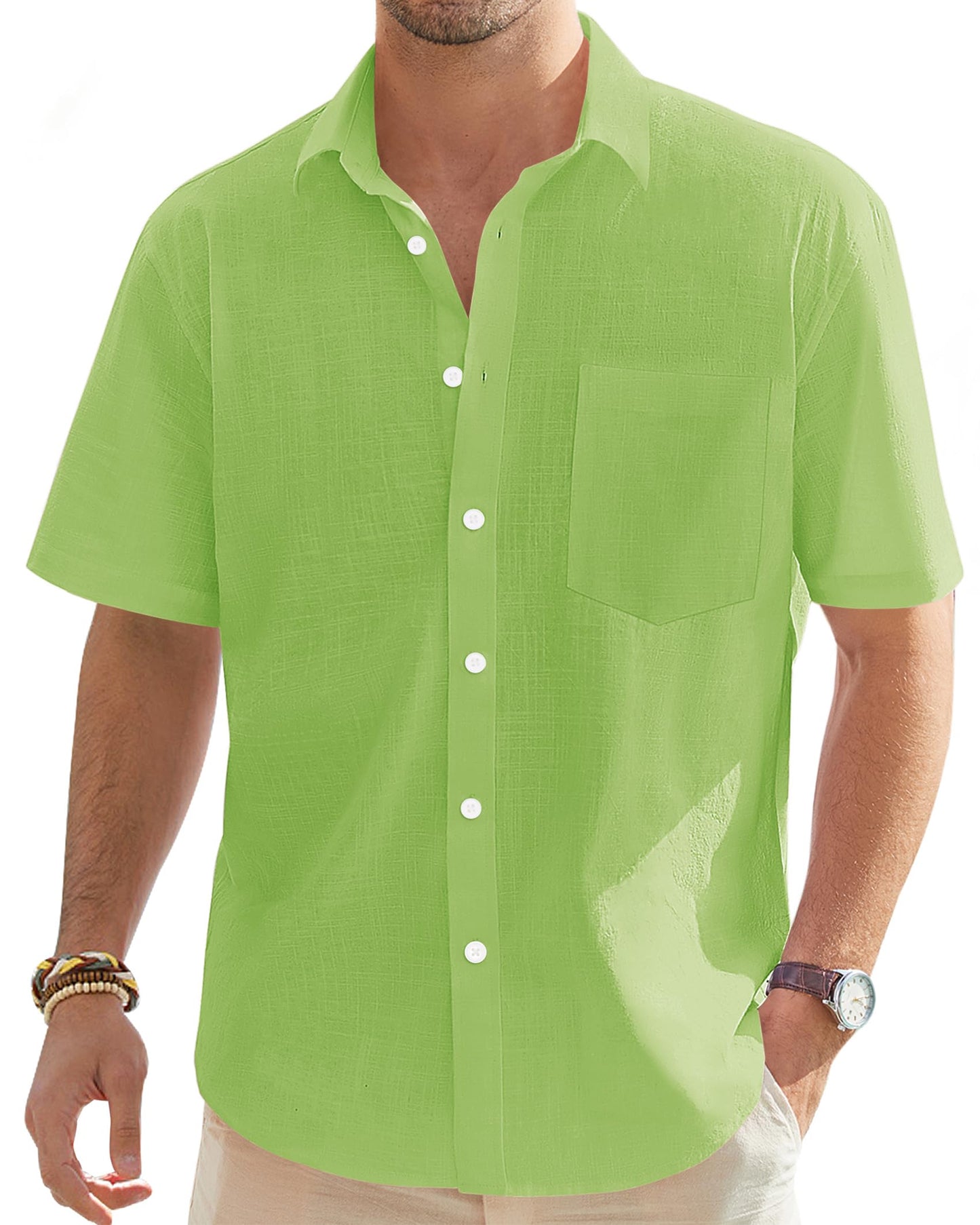 J.VER Men's Short Sleeve Linen Button Down Shirts Casual Beach Wedding Shirt with Pocket Lawn Green Medium