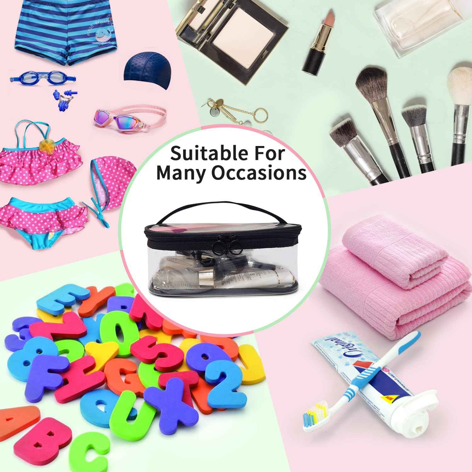 leevanoo Clear Makeup Bags with Mesh Top，Clear PVC with Zipper Handle Portable Travel Luggage Pouch，TSA Approved Cosmetic Organizer (Black)