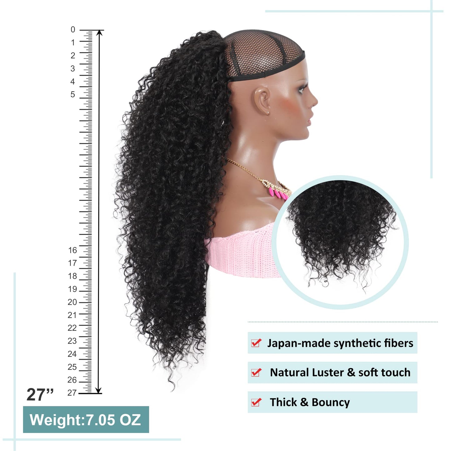 Youthfee 27” Drawstring Ponytail Deep Curly Heat Resistant Synthetic Instant Clip Ponytail Extension Protective Style Afro Kinky Curly Hair Pieces for Women