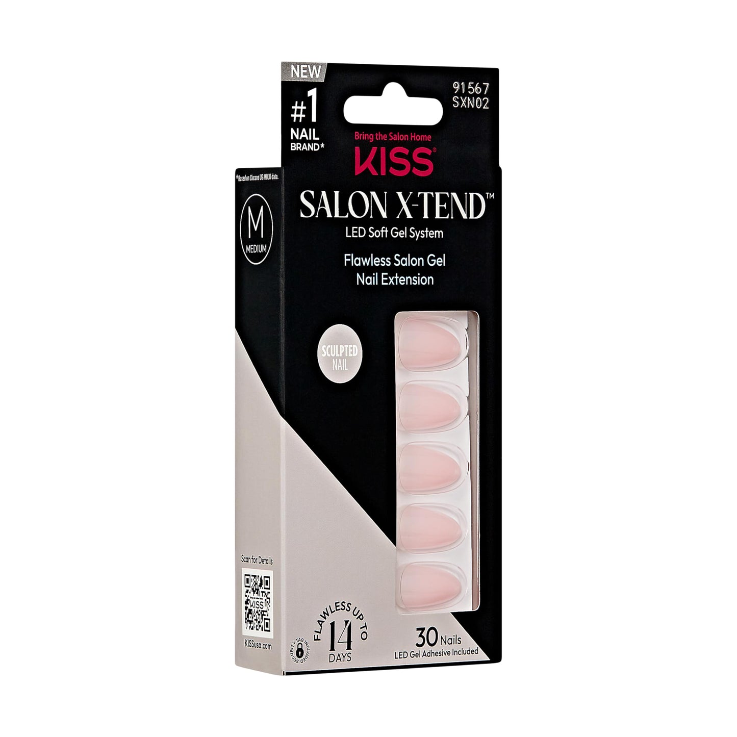 KISS Salon X-tend, Press-On Nails, Nail glue included, 'Gloria', Light Beige, Medium Size, Almond Shape, Includes 30 Nails, 5Ml Led Soft Gel Adhesive, 1 Manicure Stick, 1 New Mini File, New Prep Pad