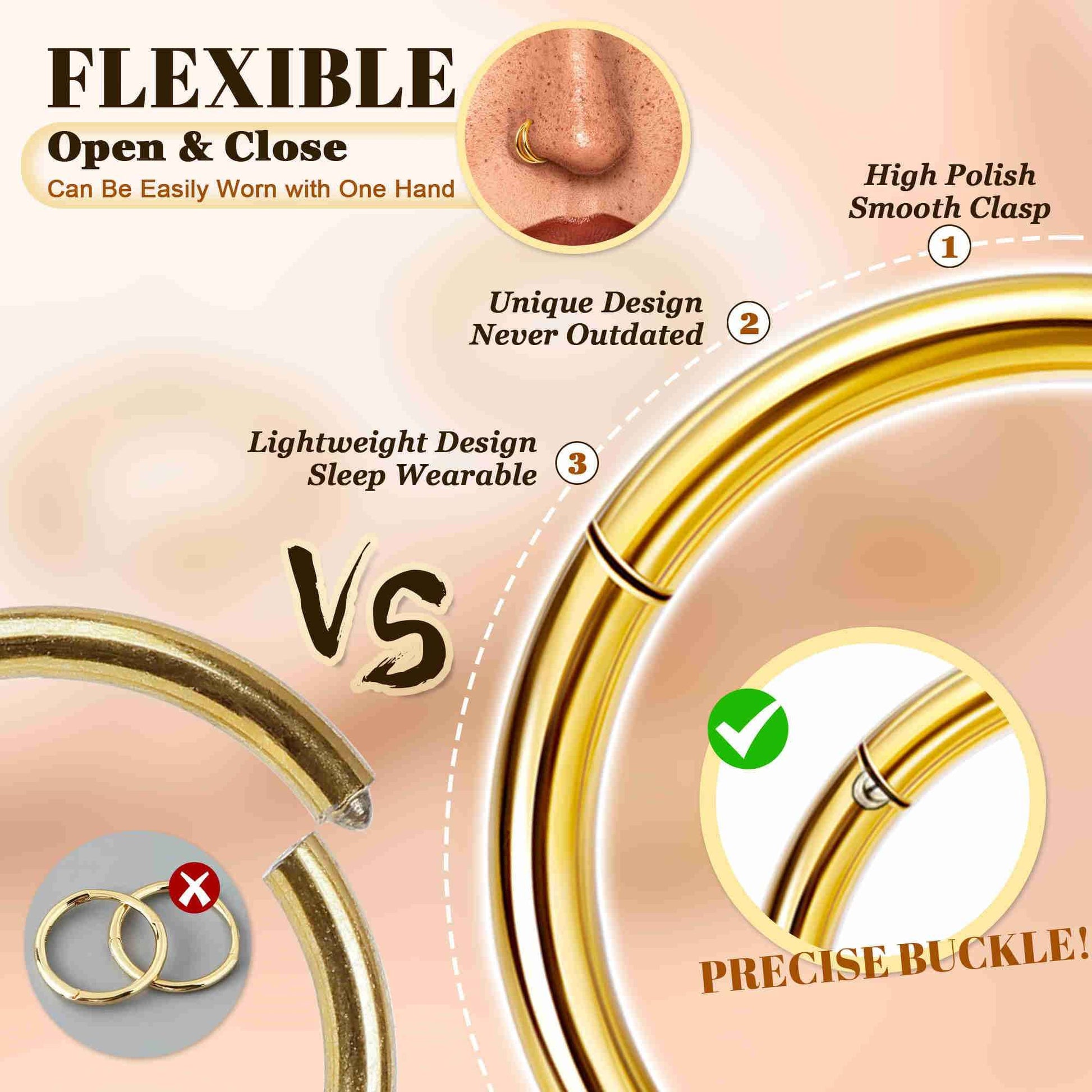 Masedy 4PCS 18G Surgical Steel Nose Ring Hoop for Women Men Hinged Double Nose Hoop CZ Opal Clicker Septum Nose Hoops Cartilage Conch Tragus Rook Ring Lip Daith Piercing Jewelry Gold Silver 7-9MM (Gold, 18G-8mm (Top Pick))