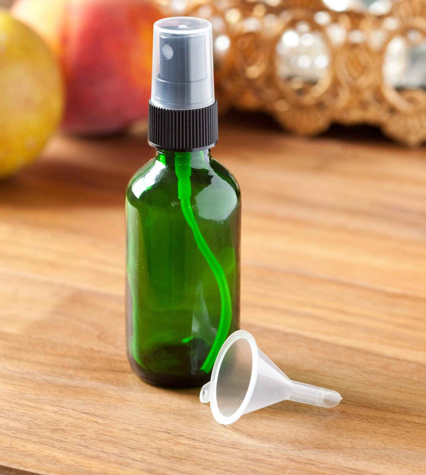 JUVITUS 2 oz Green Glass Boston Round Bottle with Black Fine Mist Spray (12 Pack) + Funnel