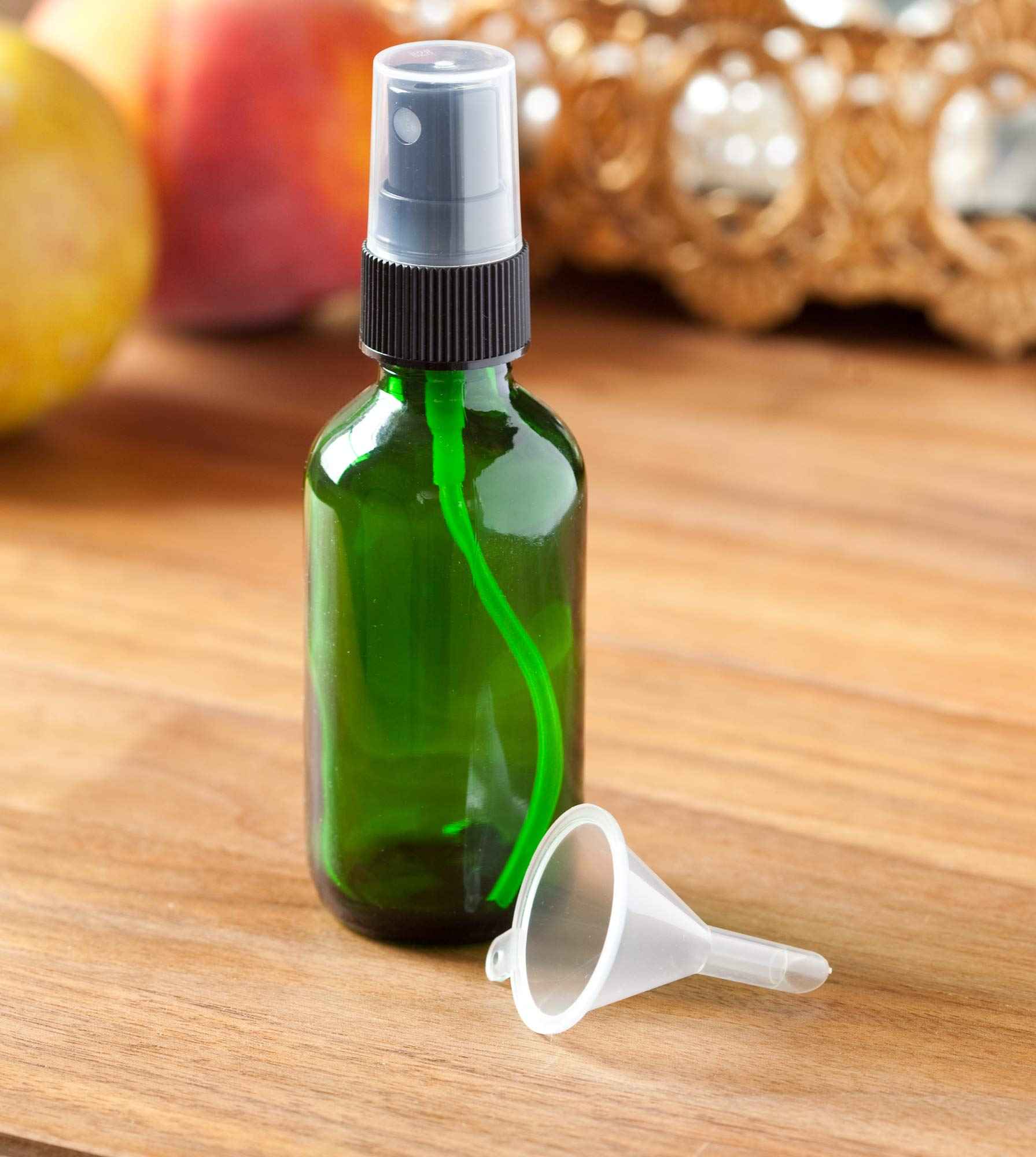 JUVITUS 2 oz Green Glass Boston Round Bottle with Black Fine Mist Spray (12 Pack) + Funnel