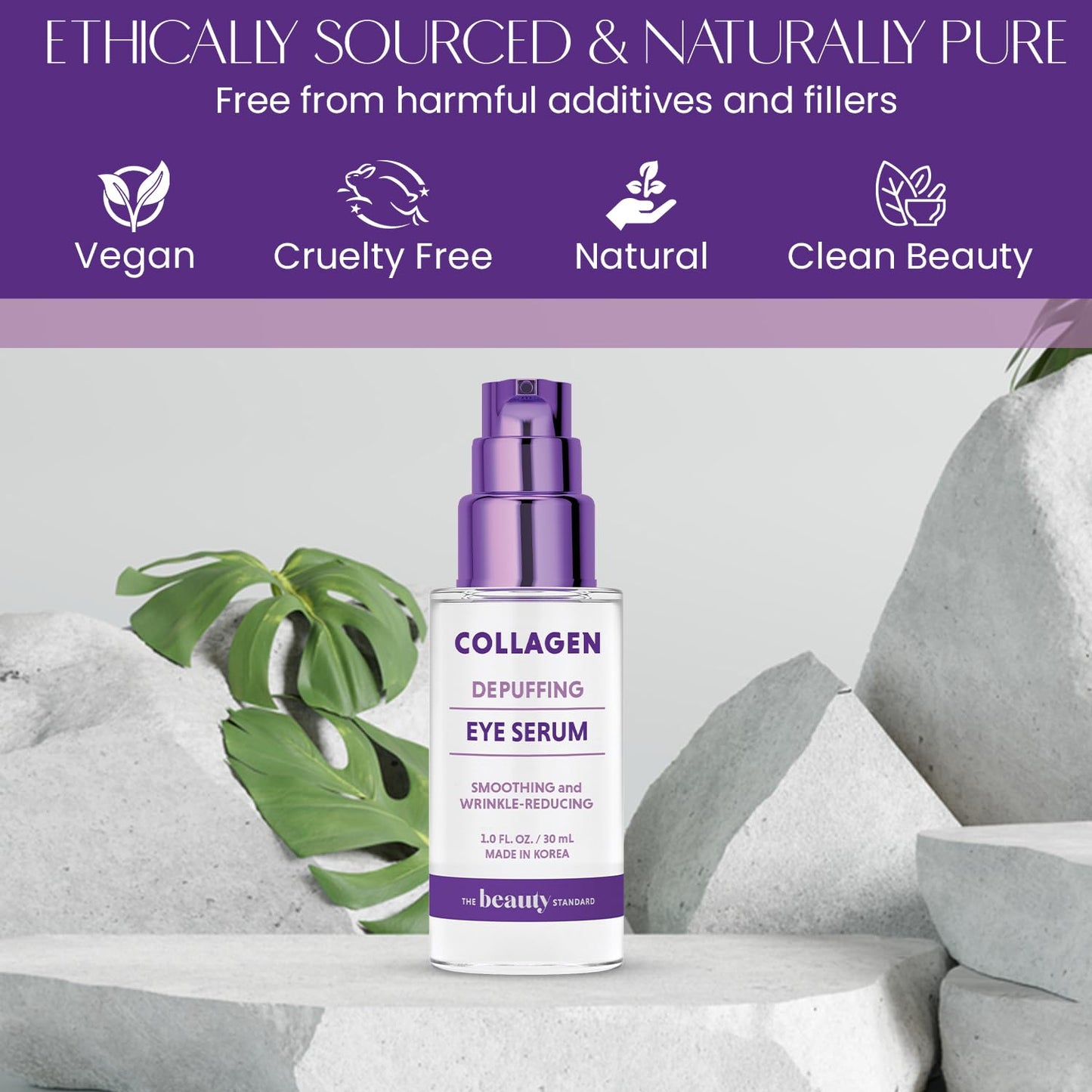 The Beauty Standard Collagen & Hyaluronic Acid Under Eye Serum - Anti Aging - Hydrating, Reduces Puffiness, Dark Circles & Wrinkles - Cruelty Free Korean Skin Care For All Skin Types - 1 oz / 30 ml