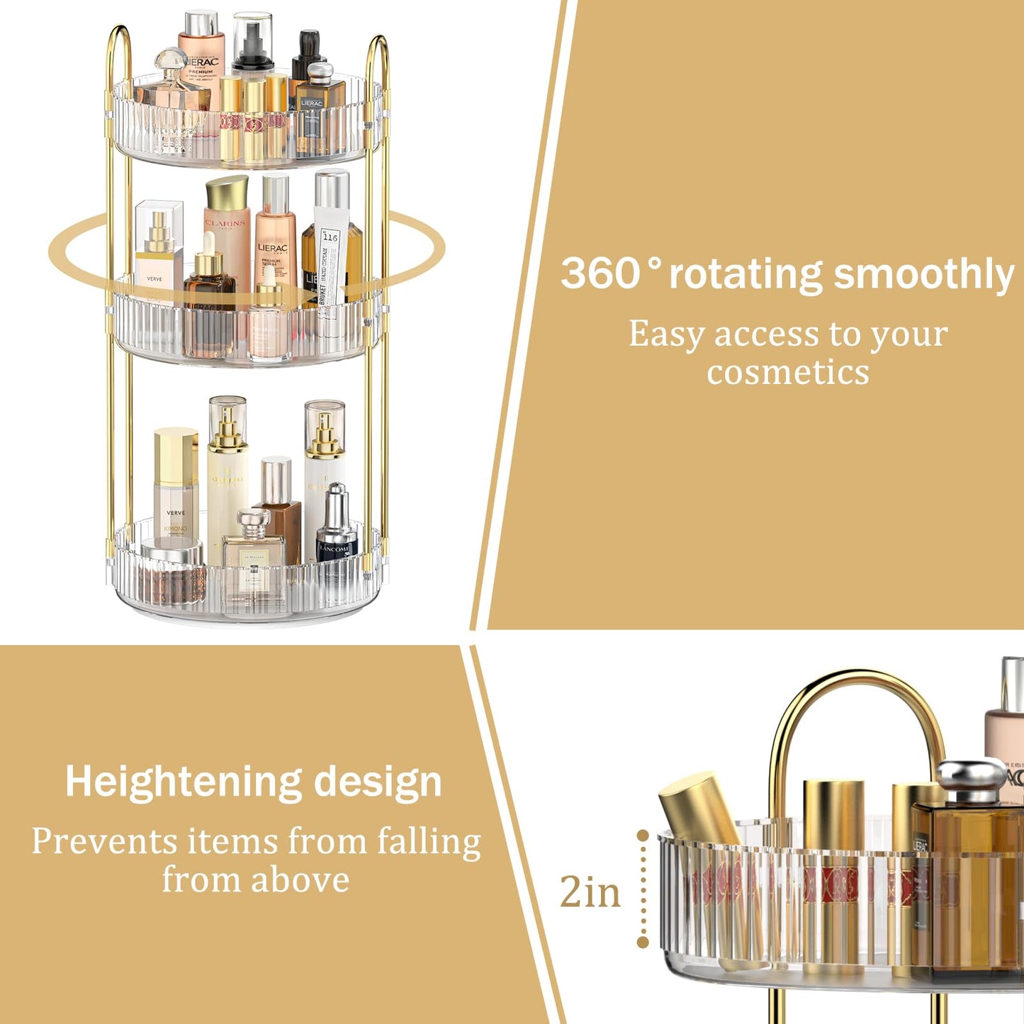 MOKANI 360 Rotating Makeup Organizer for Vanity, 3 Tier Adjustable Perfume Organizer for Dresser, Multi-Function Spinning Cosmetics Skincare Organizer for Bedroom, Dresser, Countertop, Clear