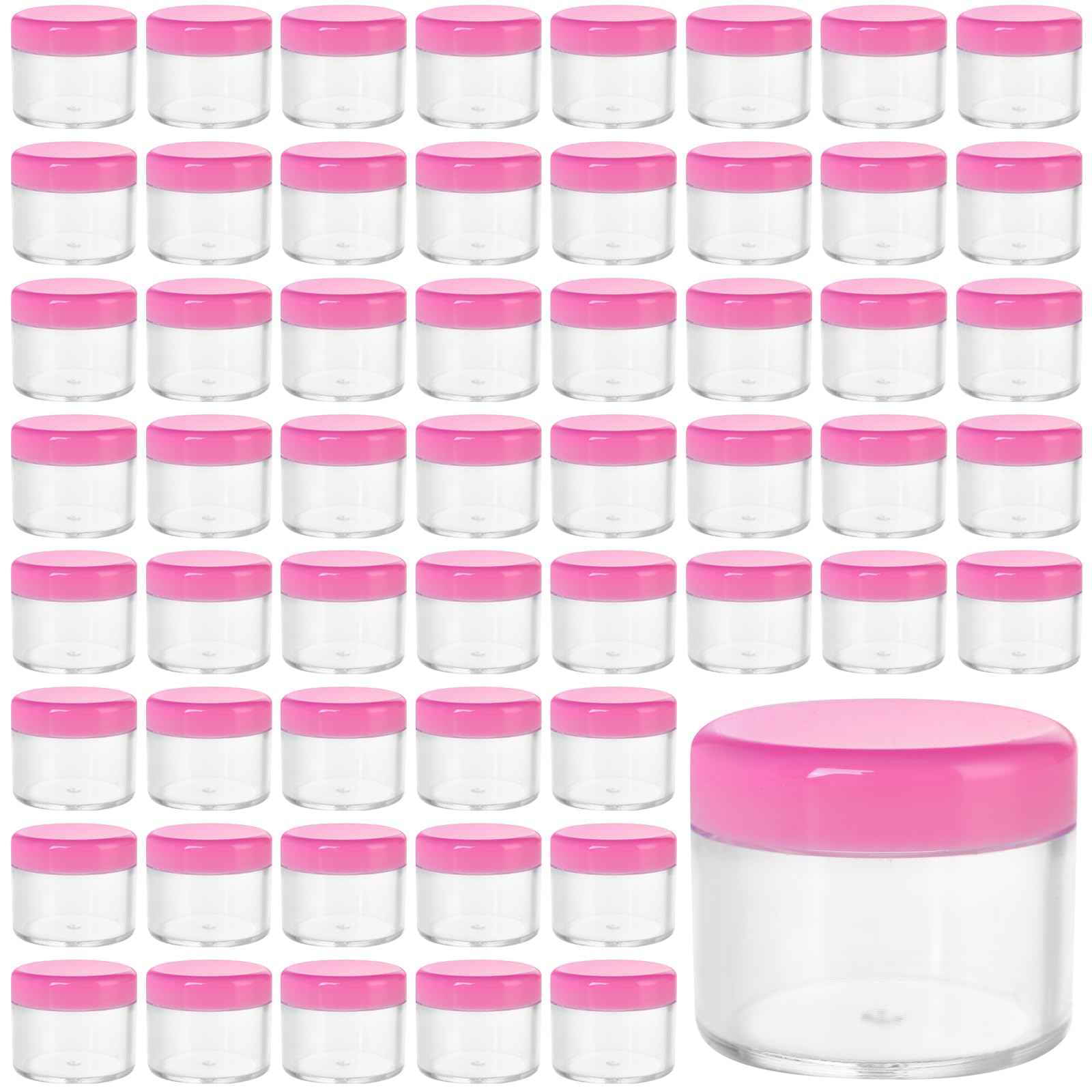 HOIGON 96 PCS 20g 20ml Clear Plastic Sample Containers, Leak-Proof Round Plastic Cosmetic Containers with Pink Screw Lids, Clear Pot Jars for Creams, Lotions, Makeup, Colored Acrylics