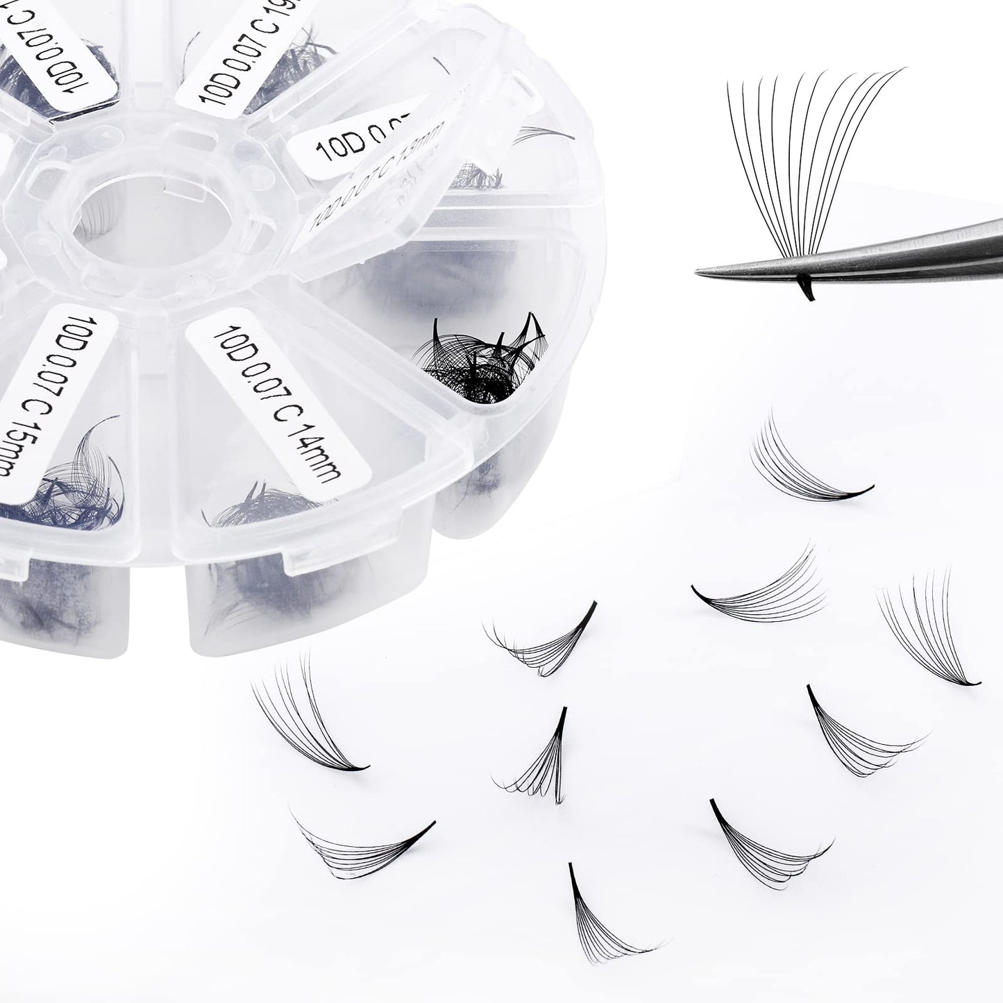 Volume Lash Extensions 10D Premade Fans Eyelash Extensions 500 PCS 0.07mm 13-20mm Mixed C/D Curl Short Stem Premade Volume Eyelash Extensions Pointed Base Fans(500PCS-10D-0.07-C, 13-20mm Mixed Tray)