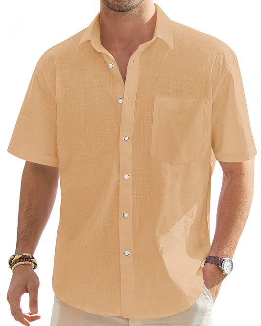 J.VER Men's Half Sleeve Linen Shirt Solid Casual Button Down Shirt Summer Beach T-Shirt with Pocket Light Orange Medium